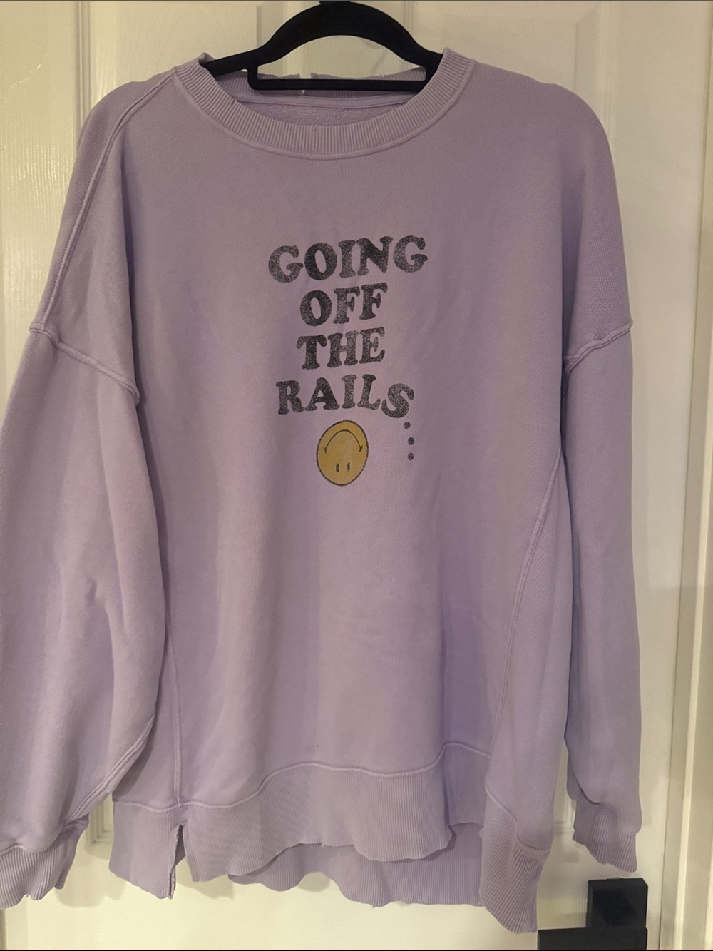 aerie Lavender Crewneck Sweatshirt with Yellow Smiley Graphic Text